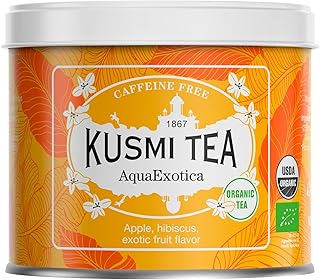 Kusmi Tea - Aqua Exotica - Organic Herbal Fruit Tea Blend of Hibiscus, Apple & Exotic flavours including Mango & Dragon Fruit - 100g of Natural Loose Leaf Caffeine-Free Herbal Tea in Eco-Freindly Metal Tin