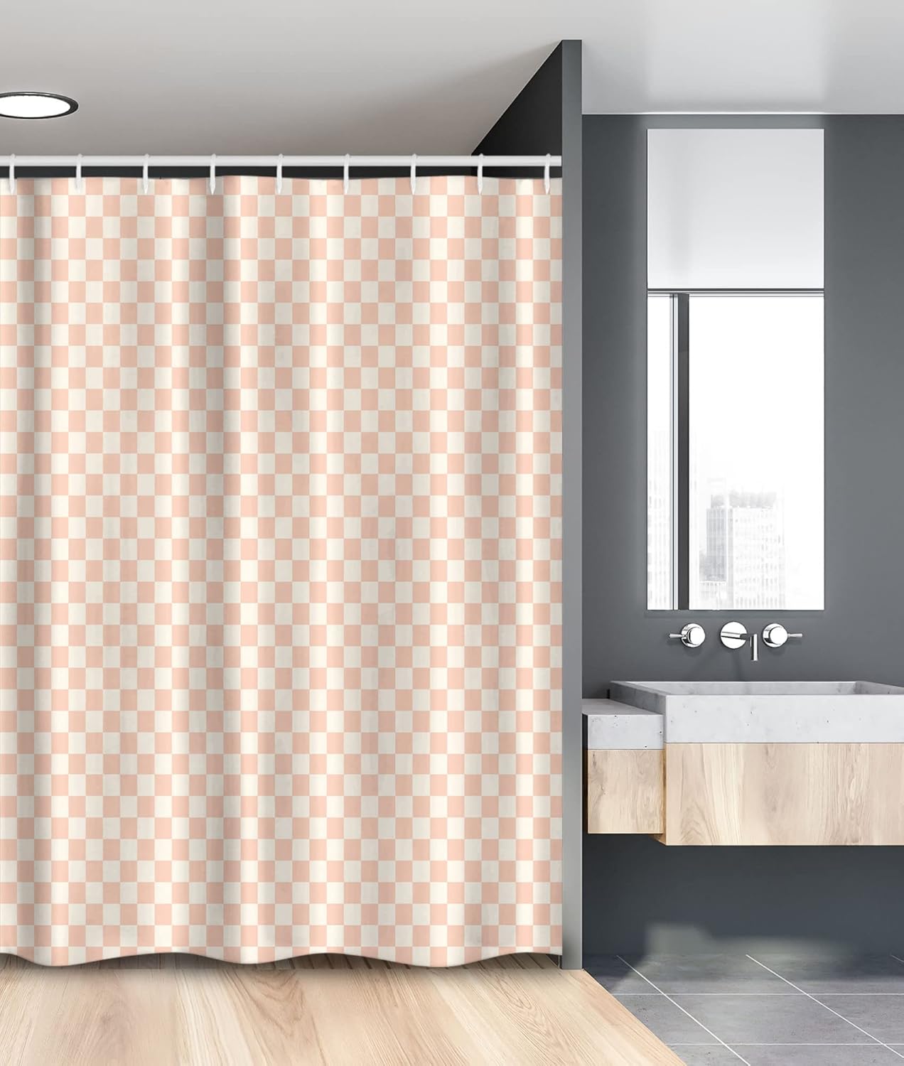 Ambesonne Geometric Stall Shower Curtain, Pale Salmon Colored Chess Table Like Modern Pink Color Squares Art Print, Fabric Bathroom Decor Set with Hooks, 54" W x 78" L, Peach Cream