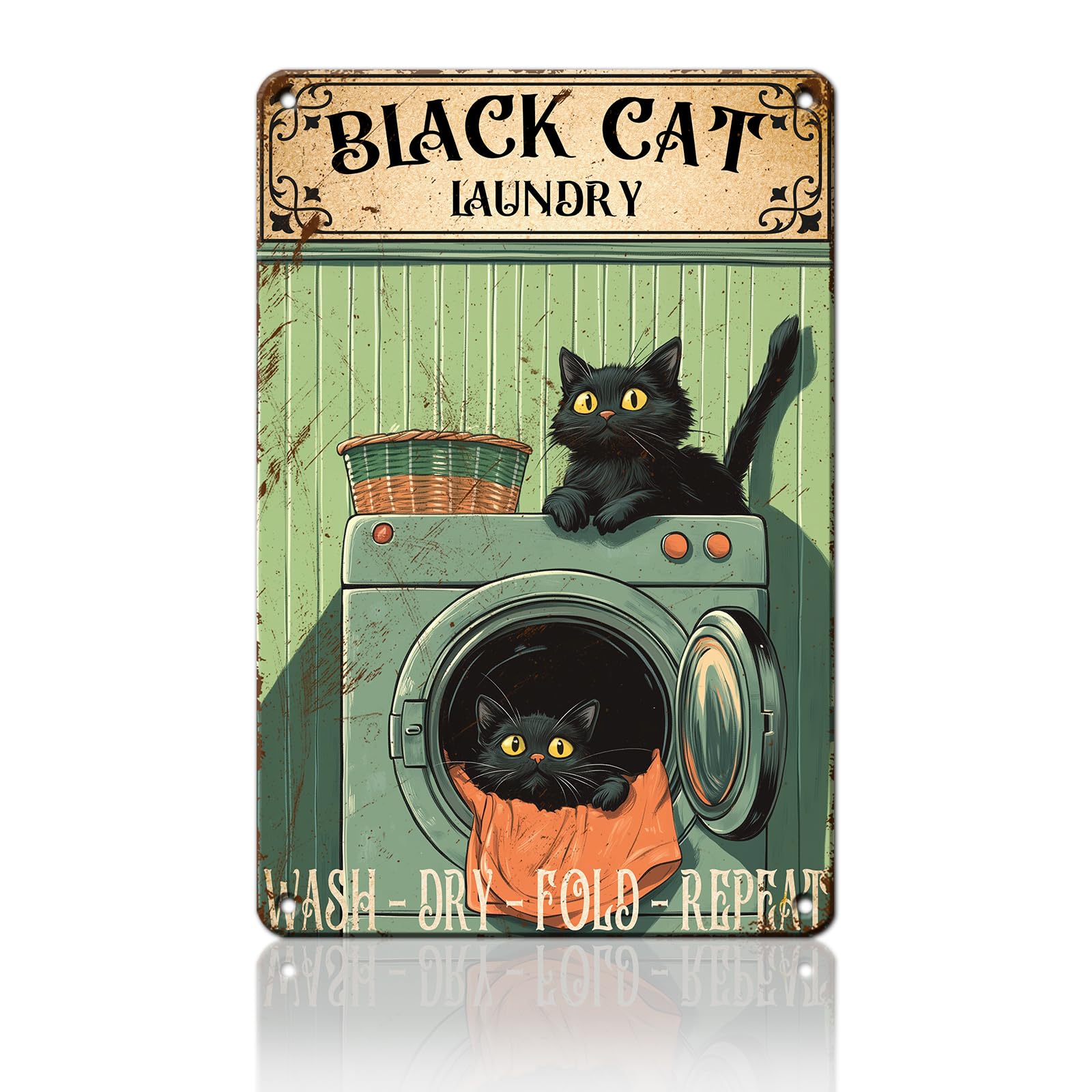 Anceky Vintage Tin Sign Black Cat Laundry Metal Sign Funny Wall Decor for Cafe Bar Plub Garage Home 12×16 Inch