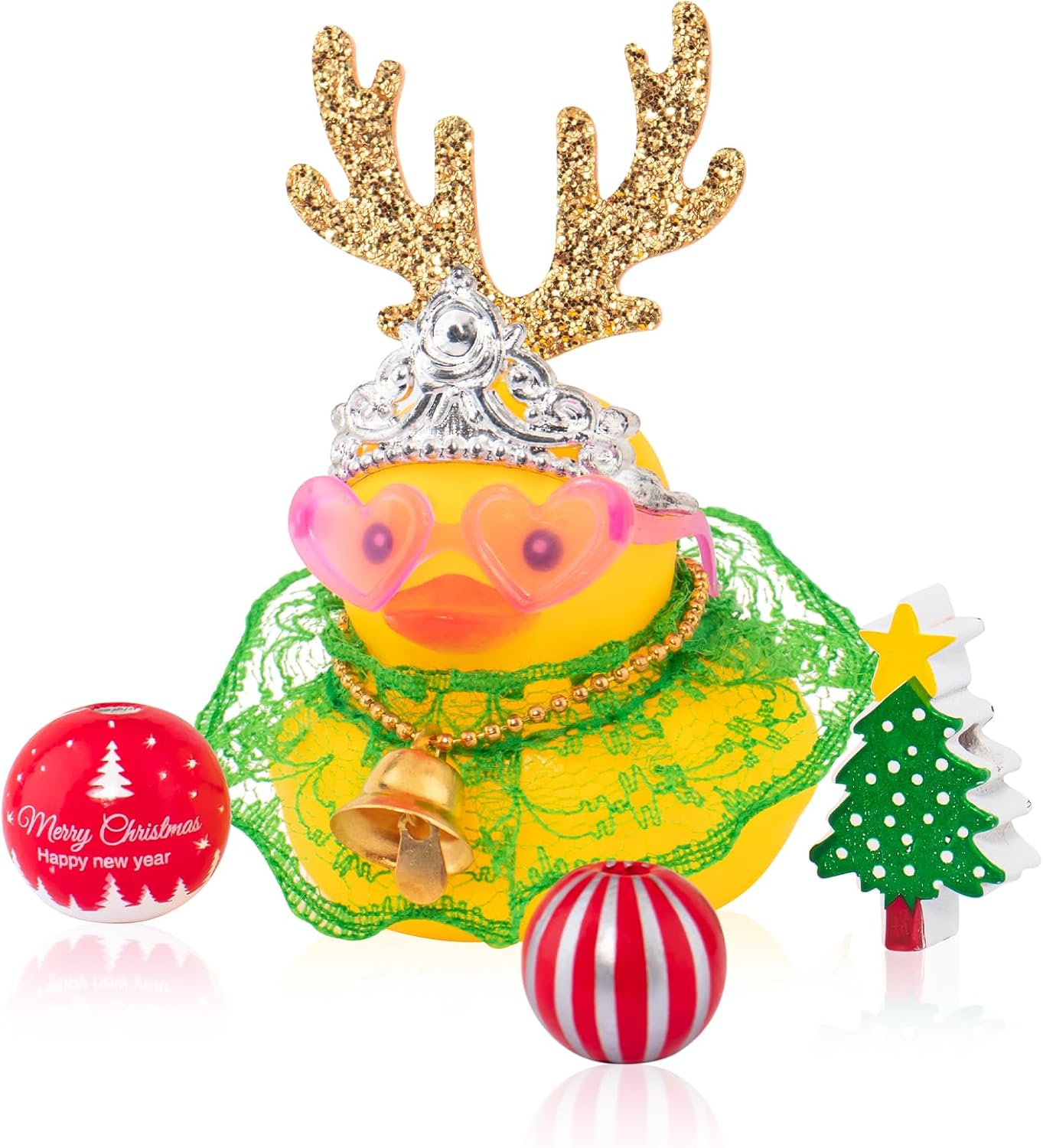 wonuu Christmas Rubber Duck Car Decorations Christmas Accessories Antler Santa Hat Skirt and Wind Bell, Golden-Green Lace Dress