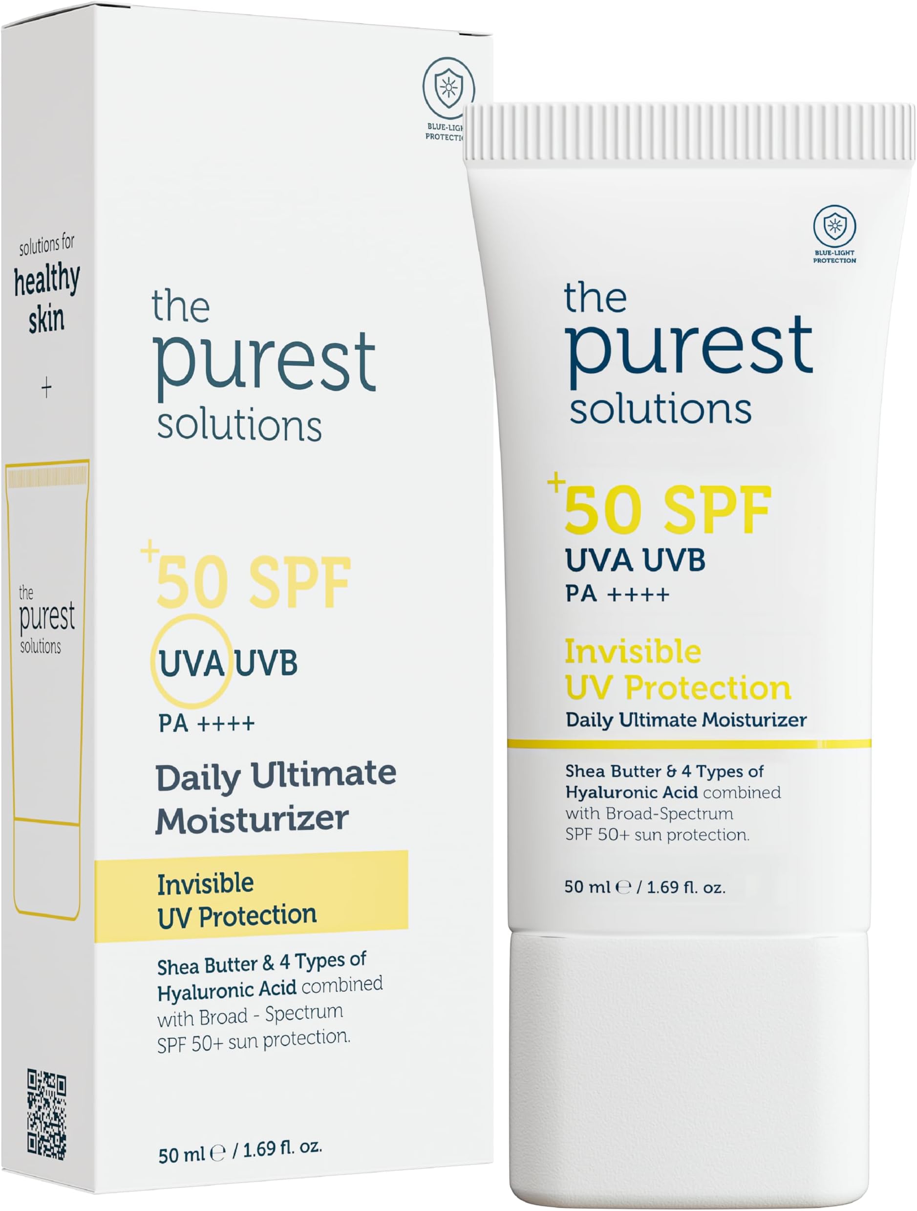 The Purest Solutions Invisible UV Protection (Daily Intensive Moisturizer SPF 50+) - Hyaluronic Acid & Shea Butter for Daily Hydration - Sunscreen - All Skin Types - Vegan | Cruelty Free (50 ml)