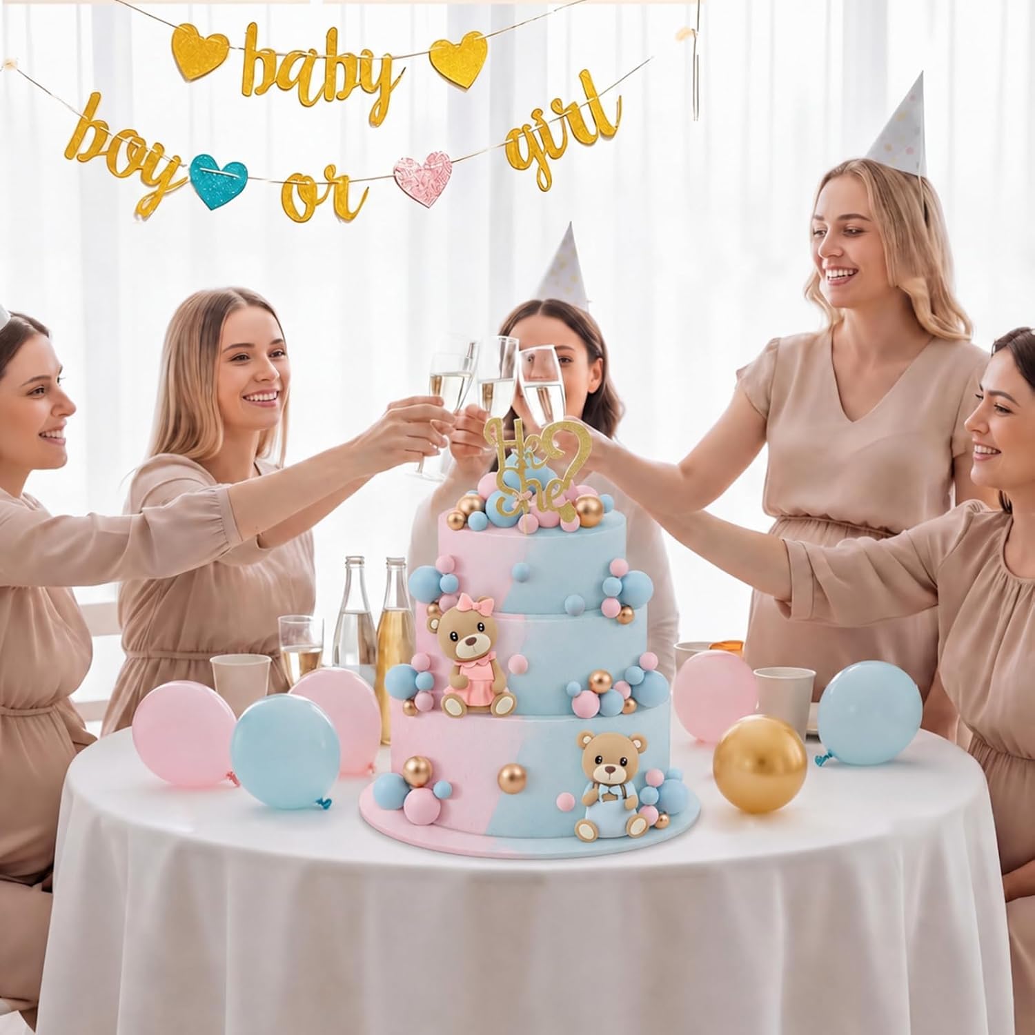 Gerrii 19 Pcs Gender Reveal Cake Topper Set, Includes He or She Cake Topper Assorted Sizes Ball Picks Cookie Insert Topper Blue Pink Cupcake Topper for Boys and Girls Gender Reveal Baby Shower(Bear)