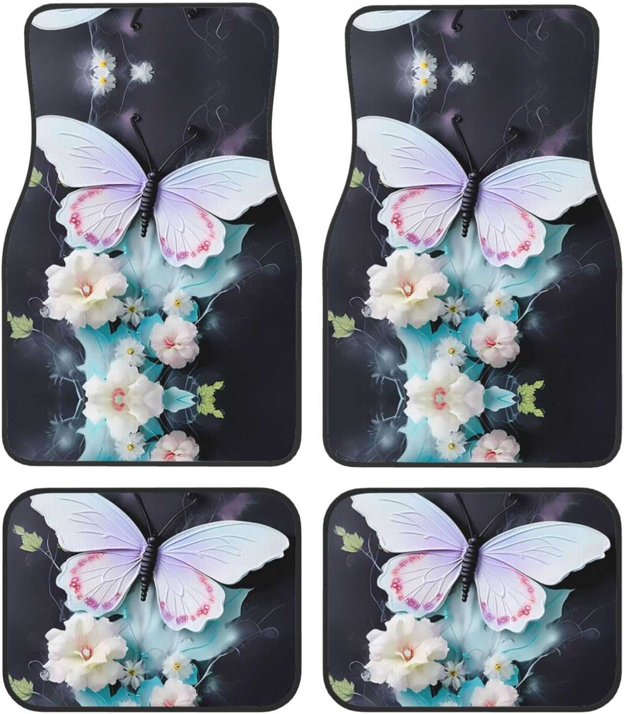 White Butterfly Patterned car mats 4-piece set | For cars/SUVs/trucks | Firm fit without displacement