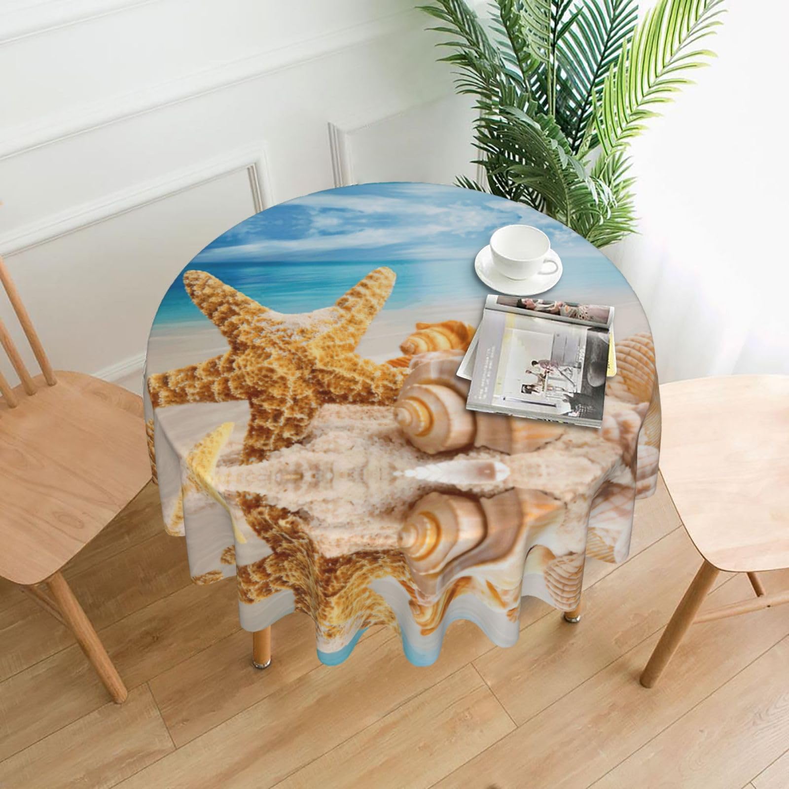 Zcmkjlg Starfish and Seashells Print Quick Ship Round Tablecloth 60in Polyester Washable Cover for Dining Room
