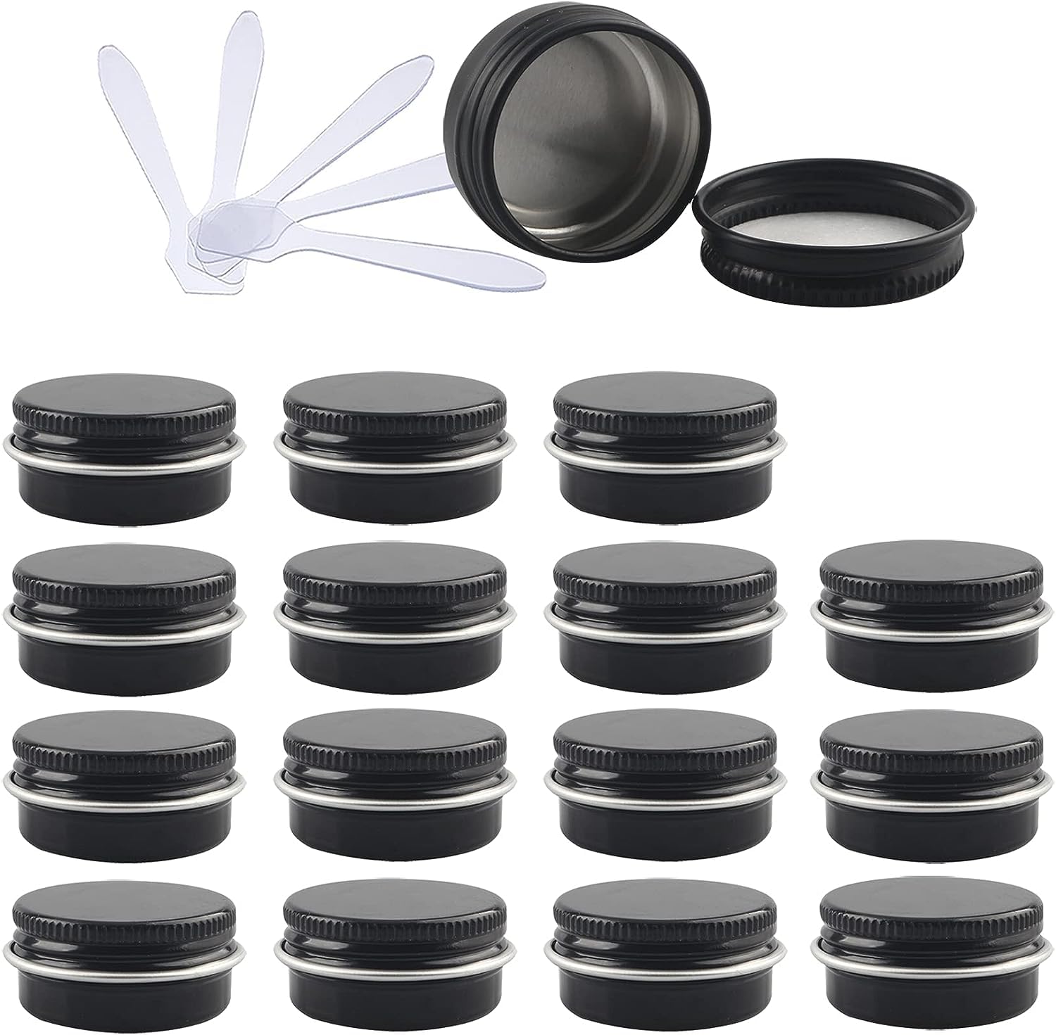 KRXSOBNV Cosmetic Jars, 48 PC Aluminium Tins with Screw Lids Storage Jars Cosmetics Containers Pots with 6 Spatula(Black,0.5 Ounces)