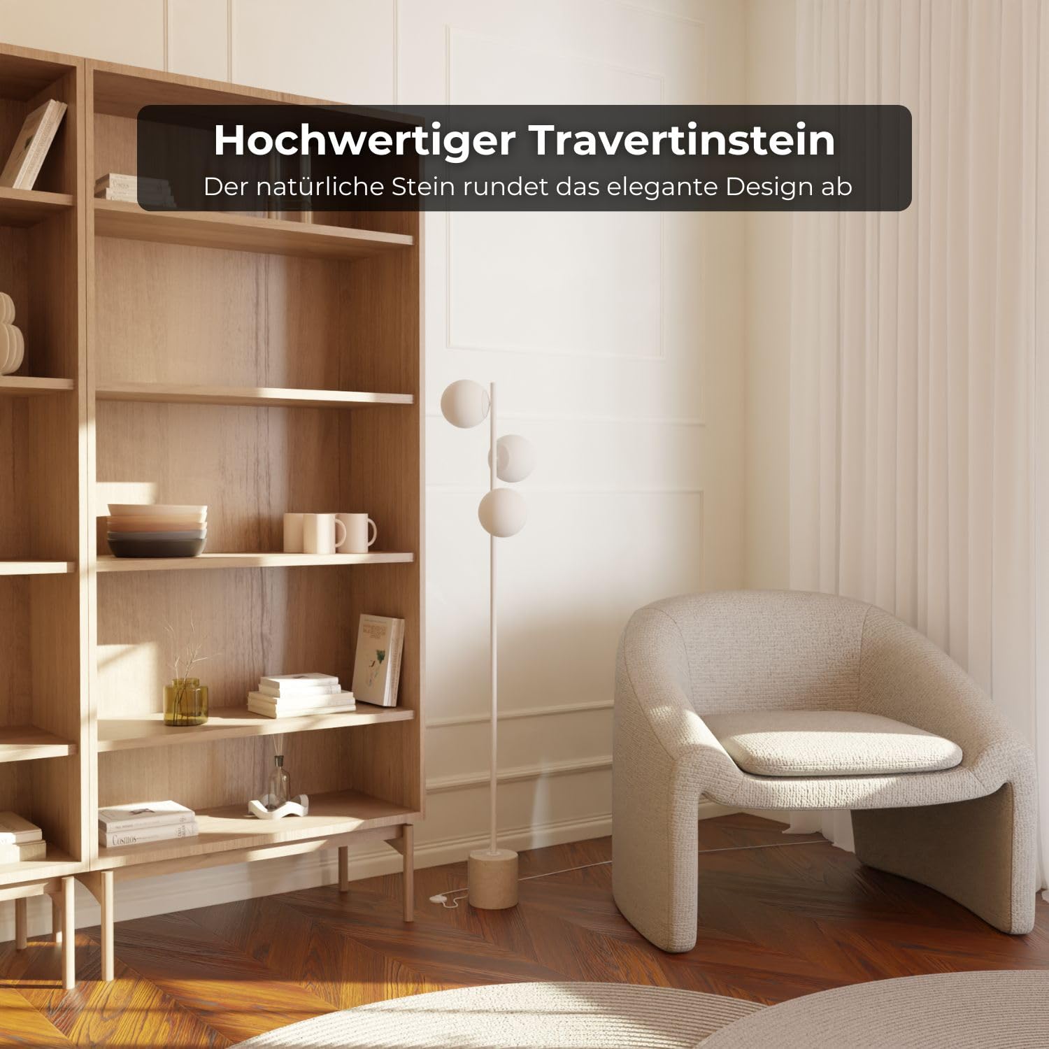 Rovea Stehleuchte Travertinstein Stehleuchte aus Opalglas LED 3-flammig (Weiß)