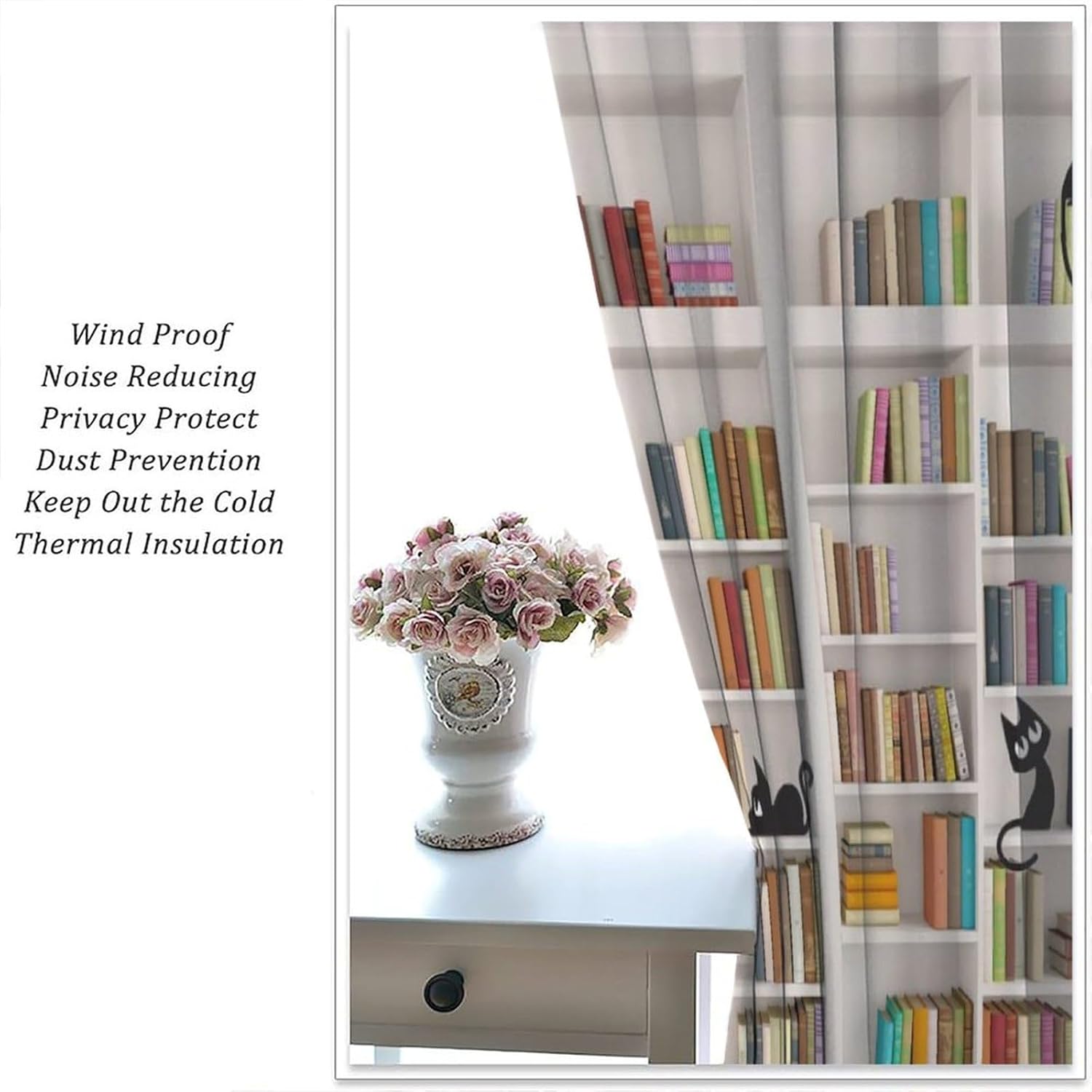 Bookshelf Curtain, Library Vintage Educational Bookcase Cute Lazy Cat Wooden Bookcase Antique House Hippie Art Wall Window Curtains for Bedroom Living Room 42" W X 63" L(No Blackout)