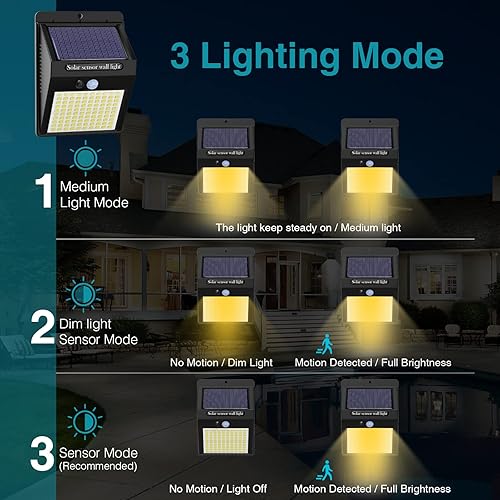 Miniatura 4 de Paquete de 2 luces solares de movimiento para exteriores, 3 modos100 luces LED de seguridad solares inalámbricas IP65, impermeables, luces solares