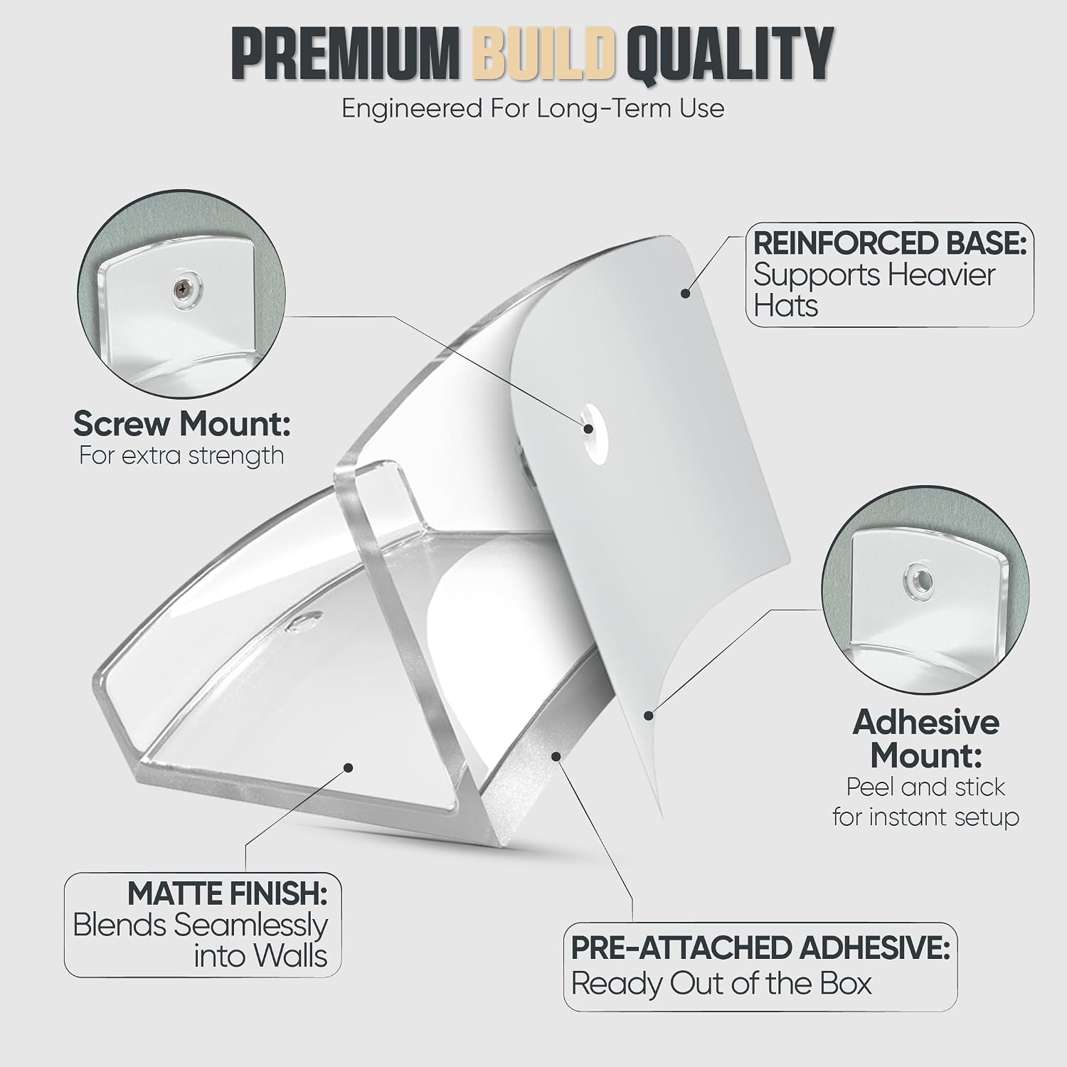 Modern JP Adhesive Hat Hooks for Wall (12-Pack) - Cowboy Hat Rack, Wide Brim Hat Organizer, Strong Hold Hat Hangers for Wall - Clear