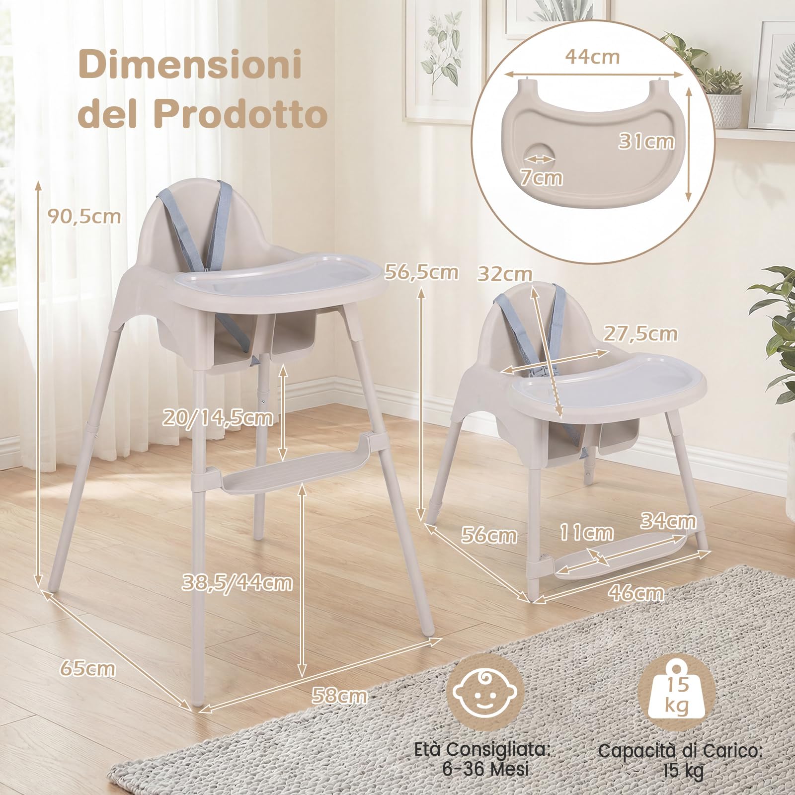 COSTWAY 4 in 1 Seggiolone per Bambini, Vassoio Doppio Rimovibile | Cintura di Sicurezza a 5 Punti, Poggiapiedi Reversibile, per Bambini 6-36 Mesi