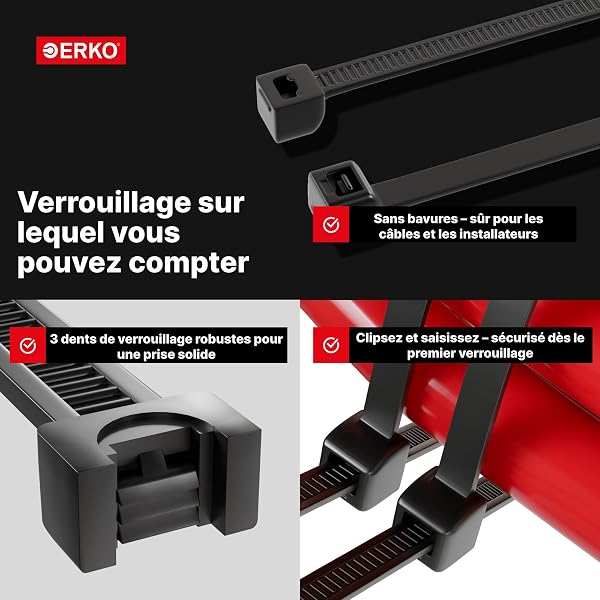 ERKO 100 pièces d'attaches de câble professionnelles 100 x 2,5 mm Poignée d'attache de câble couleur blanc, résistante à la température - 5