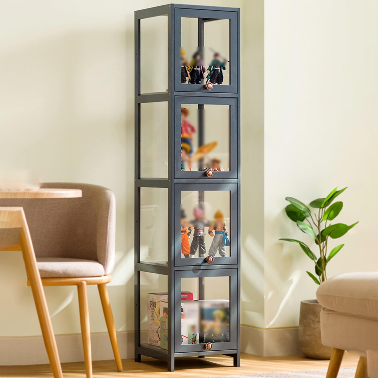 Vitrine mit Bambusablage, Acrylvitrine Glas für Sammlerstücke, Klapptür Curio Schrank Bodenstehendes Bücherregal