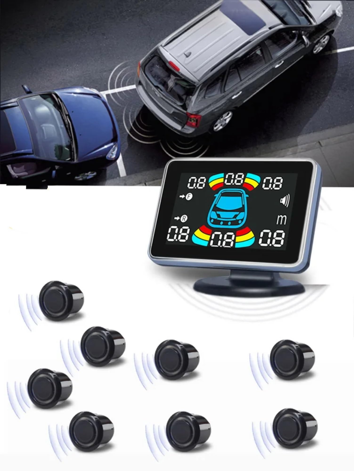 Sensor Ayuda Aparcamiento 8 Sensor Aparcamiento Parktronic para Coche Radar Marcha Atrás Detector Automático Trasero, Kit Asistencia Marcha Atrás, Zumbador Radar Parking Sensor(Red)