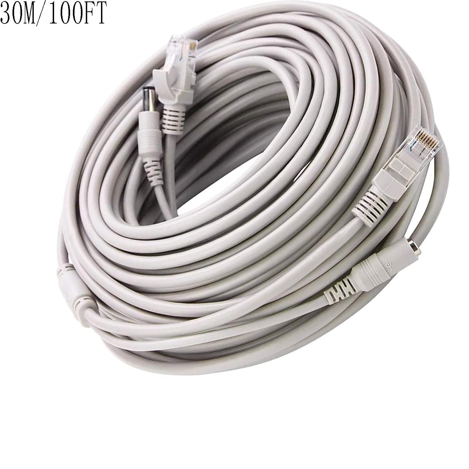30M/100FT Ethernet CCTV Cable, Cat 5 RJ45 + 2.1x5.5mm DC Power Cord, for CCTV Security Camera Surveillance System IP Camera NVR System Grey - (1Pcs)
