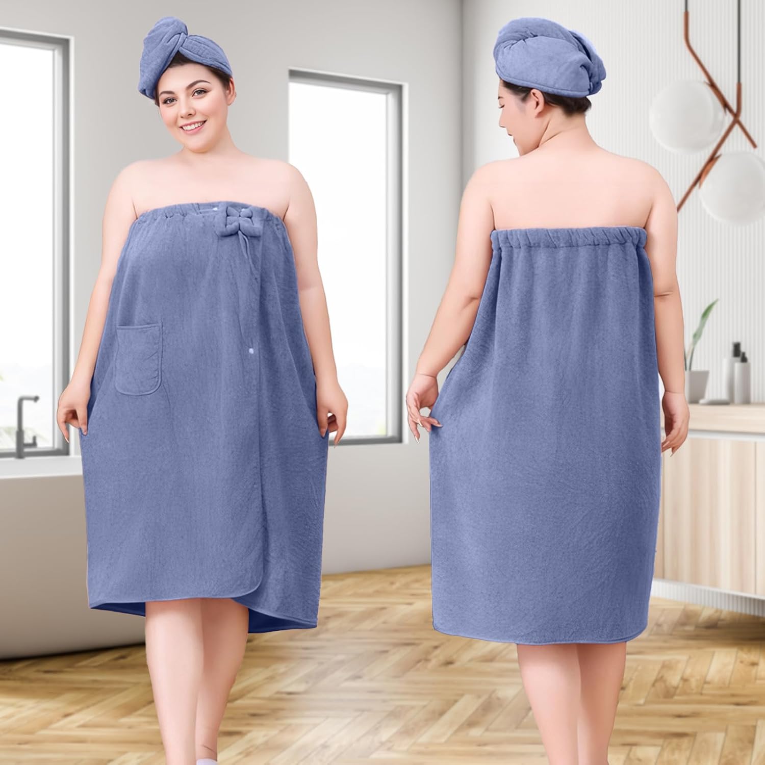 Towel Wrap for Women Plus Size-Wearable Shower Towel Wrap with Hair Towel Wristbands Closure Elastic Top Soft Adjustable Microfiber Dress Towel Spa Wraps for Women's Bathrobe（Blue） - Image 5