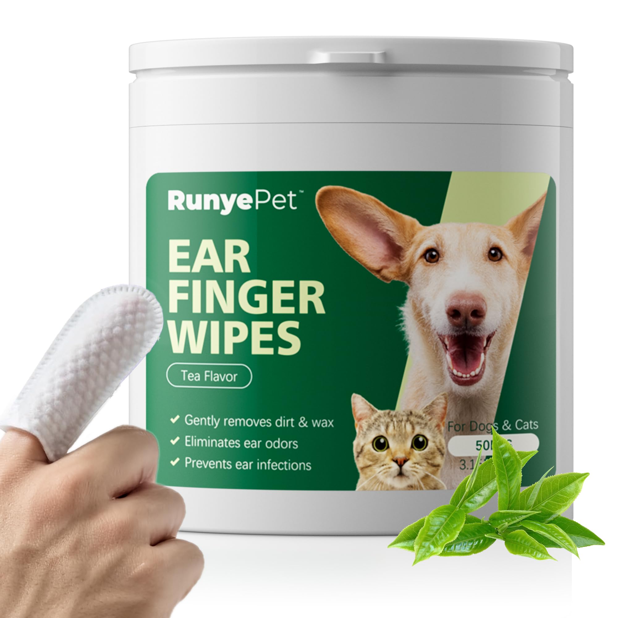 Ear Cleaning Finger Wipes for Dog & Cat, Soft Pre-Moistened Wipes to Gently Remove Wax & Dirt, Plant-Based Formulation (50 Ct, Tea Flavor)
