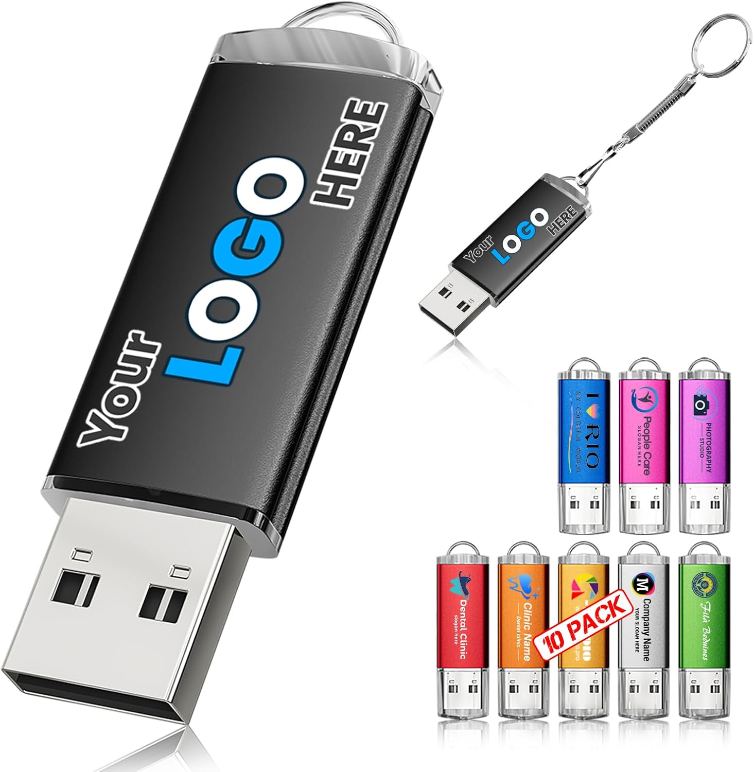 8GB 10Pcs Custom Personalized USB 2.0 Flash Drive Bulk, Customized Thumb Drives with LED Indicator, Engraved/Printed Your Logo & Text on Double-Sided for Government/School/Company Ads/Photography