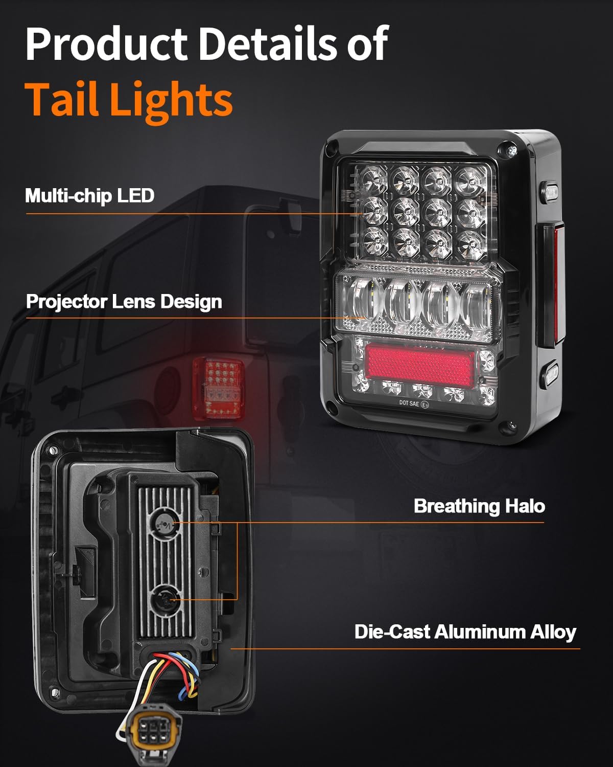 UNI-SHINE 2 Pack 7-Inch LED Reflector Headlights & 2 Pack Tail Lights, Compatible with Jeep Wrangler JK/JKU 2007-2018, DOT Approved Hi/Lo Beam Headlamps + LED Tail Lights with Reverse