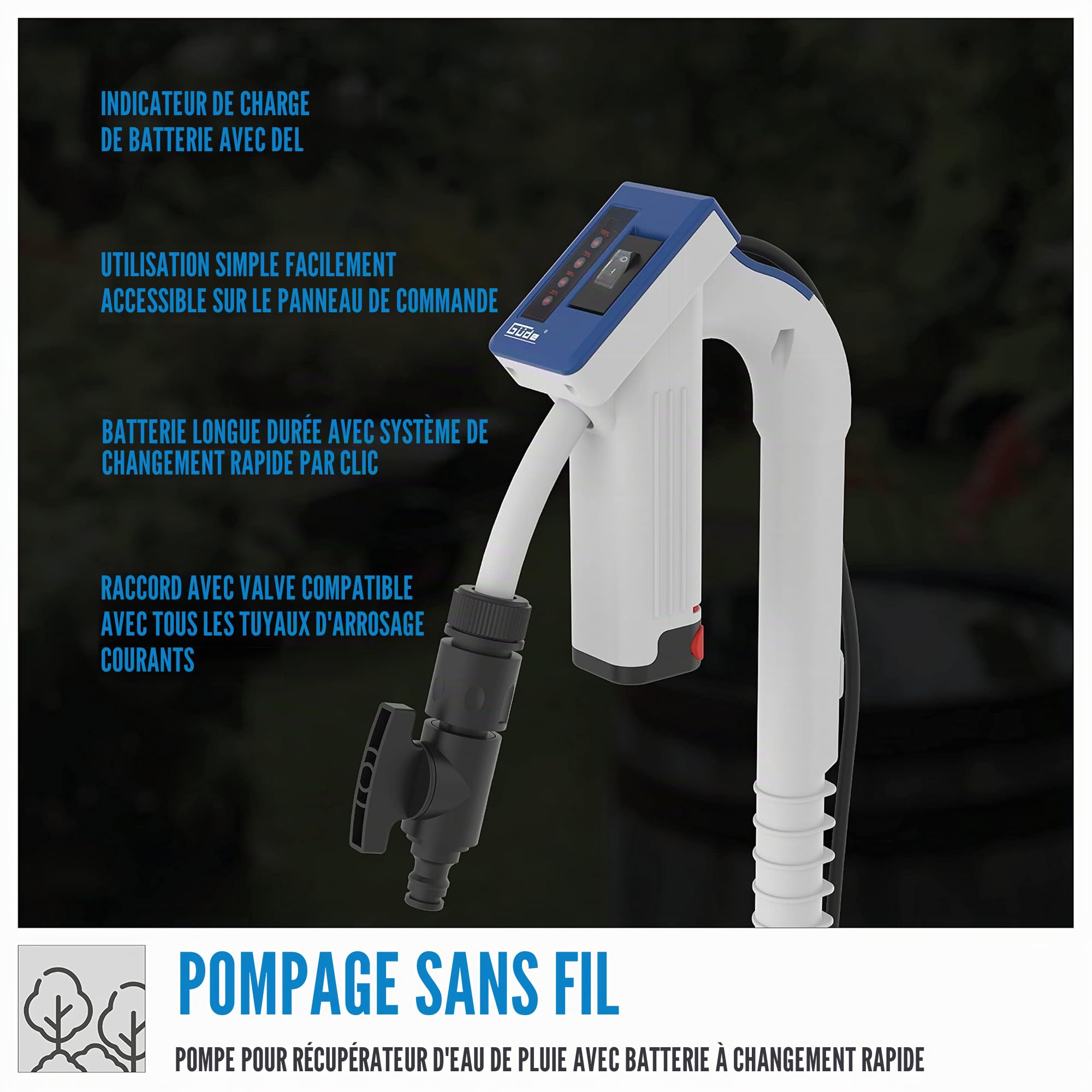 Güde Pompe pour fûts de pluie à batterie RFP 12-201-04 (12 V, 1500 l/h, hauteur de refoulement 11 m, granulométrie max 0,5 mm, robinet d'arrêt, réglage télescopique, batterie et chargeur inclus)
