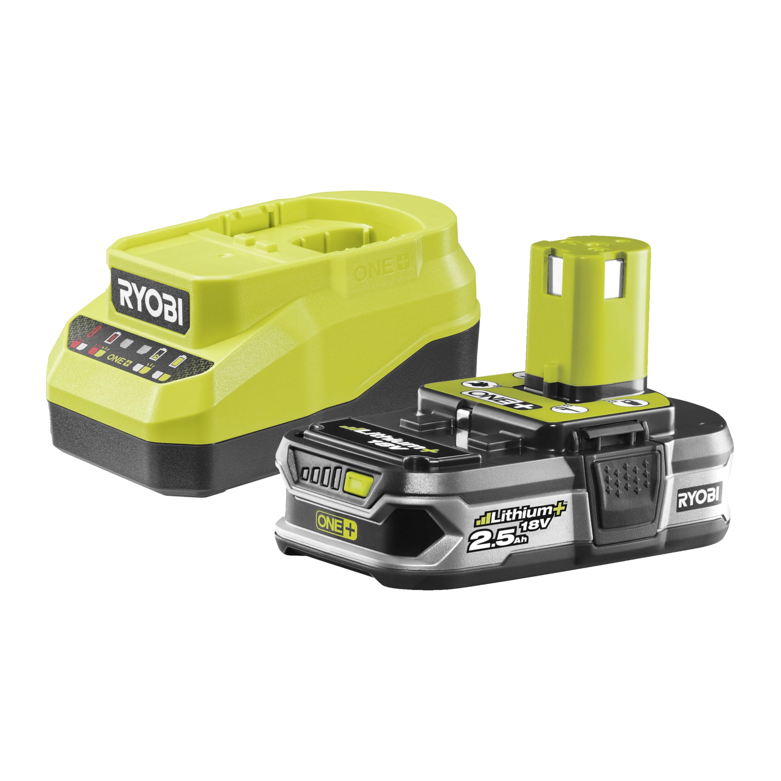 RYOBI - Cargador rápido de 18 V, 2,0 A, batería de Litio + 2,5 Ah One+ RC18120A-125 - Carga en 75 min, indicador 4 LED, Celdas de Alta Capacidad, protección a Prueba de Golpes