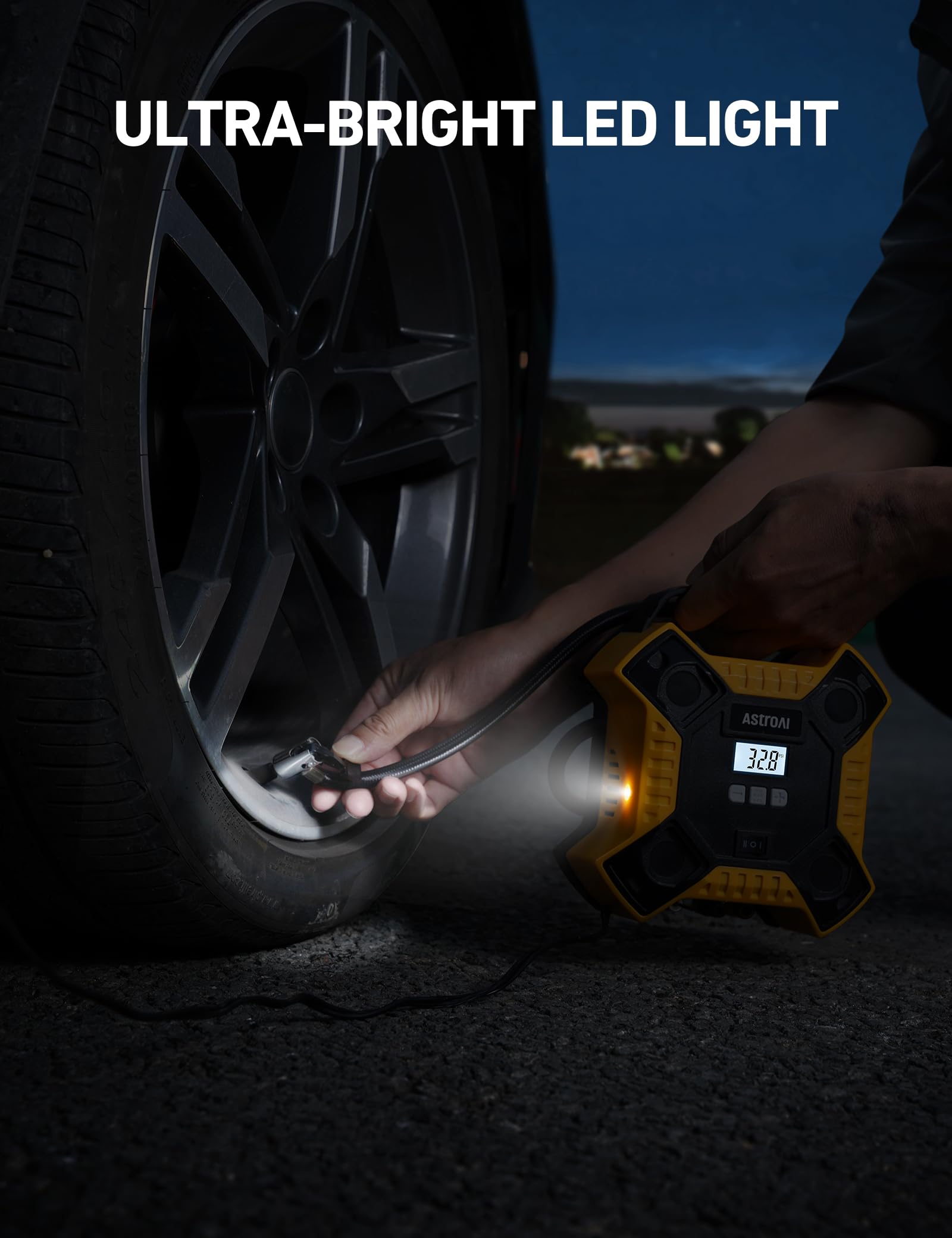 AstroAI Przenośna pompa powietrza, sprężarka do opon samochodowych, cyfrowa,12V DC, 160 PSI, z oświetleniem LED, do opon samochodów, rowerów, motocykli i innych nadmuchiwanych przedmiotów (żółta)
