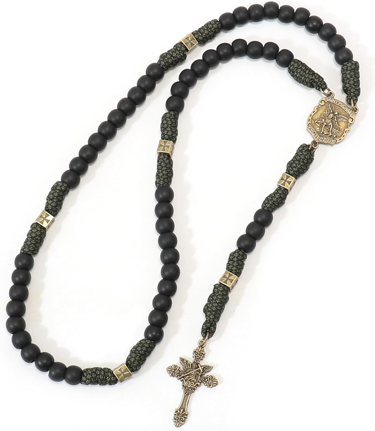 Nazareth Store Antique Bronze Metal Rugged Durable Paracord Rosary Necklace Black Matte Prayer Beads with Saint Medal and Crucifix - Image 6