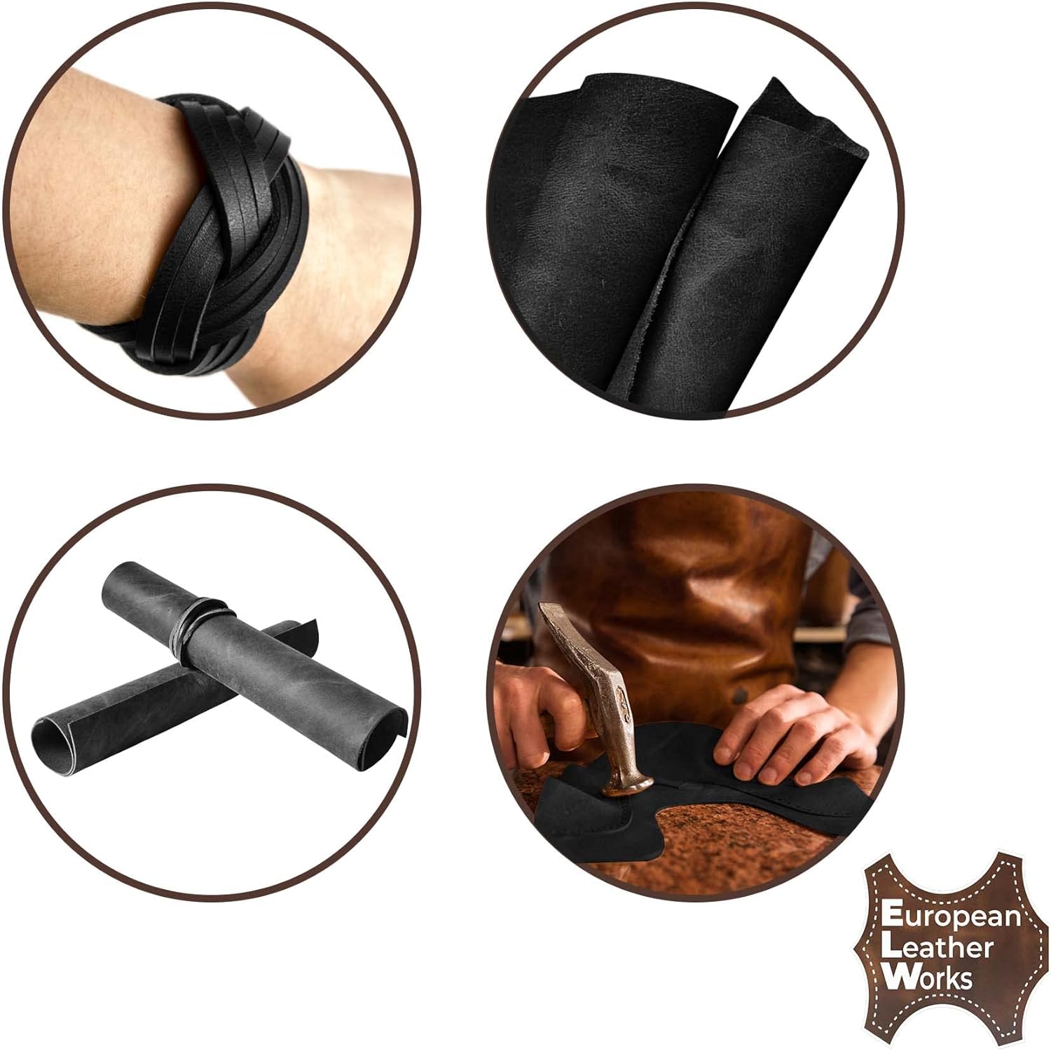ELW 5-6 oz (2-2.4mm) Black Full Grain Leather Craft Sheets Set of 3 Pieces 12"x12" Plus 36” Leather Cord Braiding String, Oil Tanned Real Cowhide for Tooling, Carving, Repair, Knife Sheaths