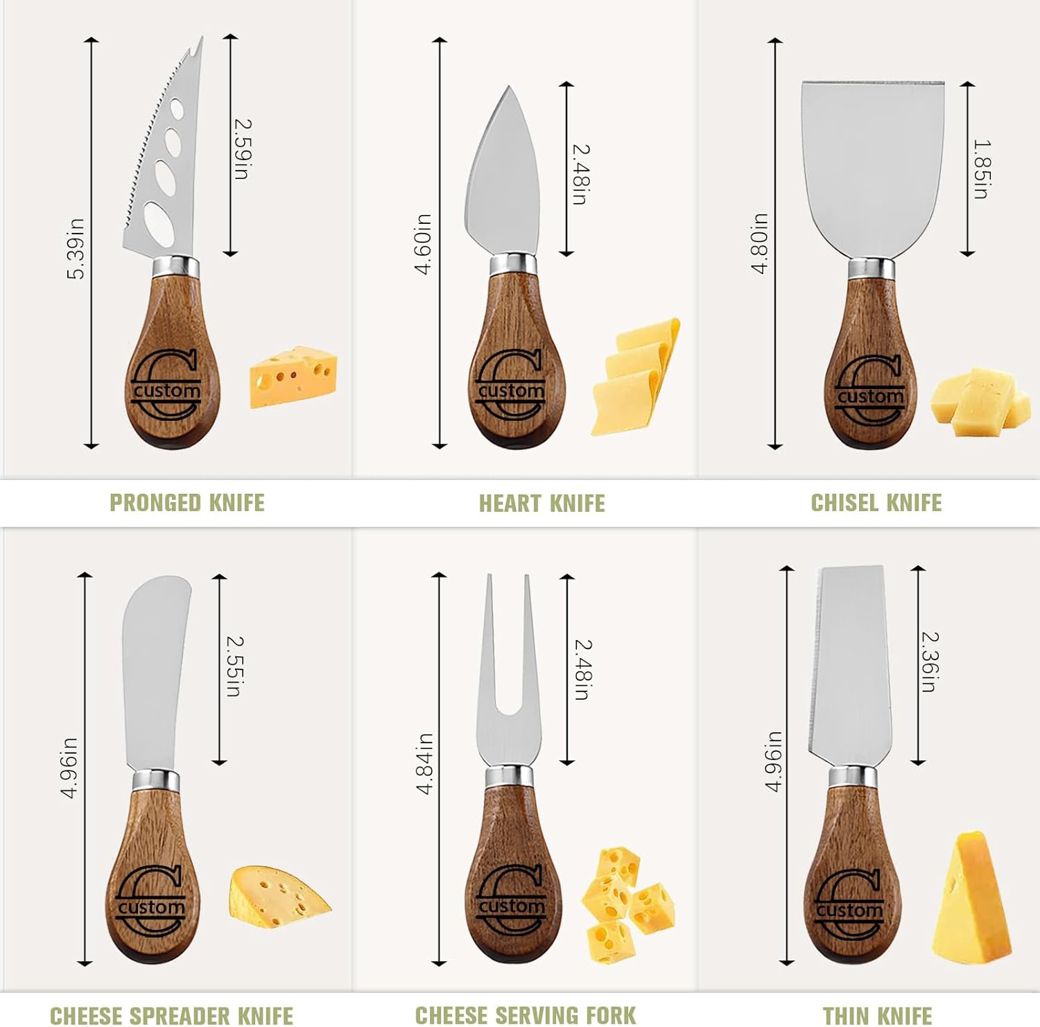 Personalized Cheese Knife Set Custom Engraved Cheese Knives Tool Set with Acacia Wood Handles - Mini Spreader, Fork, Butter Cutter, Slicer, Charcuterie Board Knives & Accessories