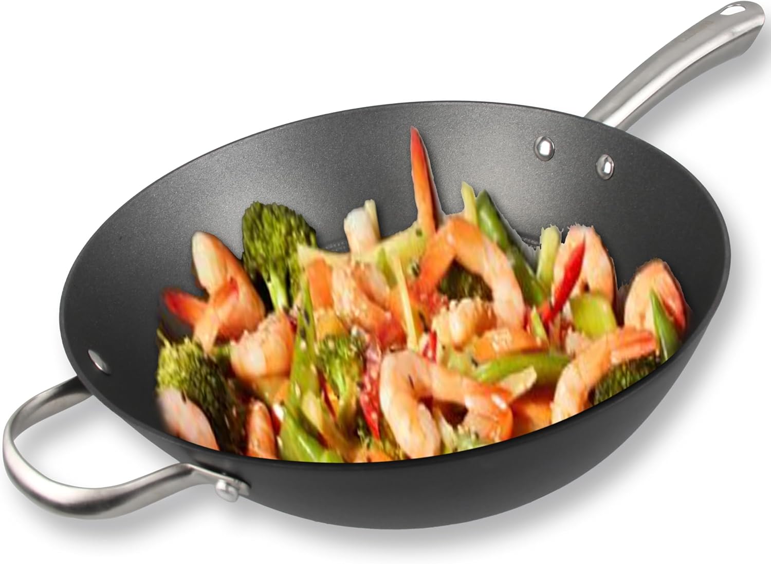 Cuisiland 12.5" Honeycomb Cast Iron Wok with Dual Handles – Non-Stick Stir-Fry Pan, Stainless Steel Long Handles, Oven Safe, Classic Cast Iron Heat Retention