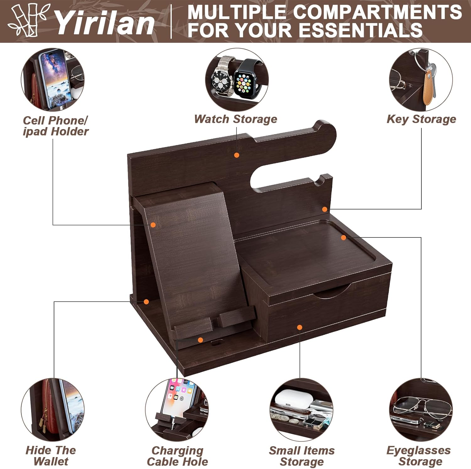 Yirilan Wood Phone Docking Station, Nightstand Organizer, Birthday Gifts for Men -Gifts for Dad/Boyfriend/Grandpa, Anniversary, Christmas, Graduation Travel Idea Gadgets-Brown XL Brown