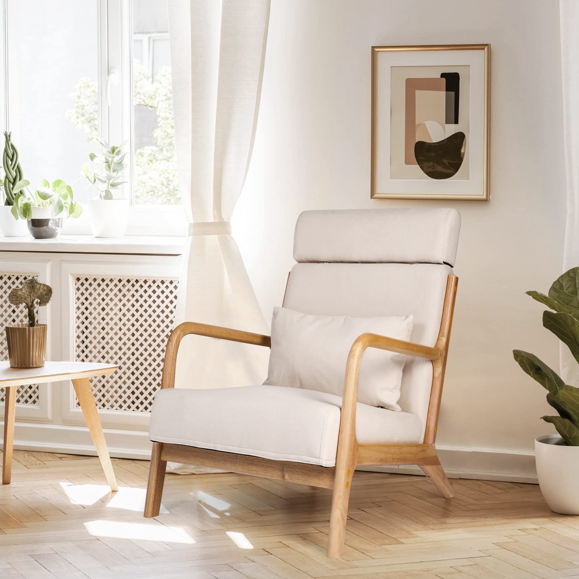 Koreyosh Mid Century Modern Living Room Chair Accent Chair with Extendable Headrest Single Sofa Chair Wood Frame Fabric Armchair Linen Reading Chair Upholstered Lounge Arm Chair (Beige)