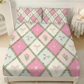 3pcs Checkered Floral Print Coreless Bed Sheet Set with Multiple Sizes Soft Covers Bedroom Bedding Decorations(120x200cm)