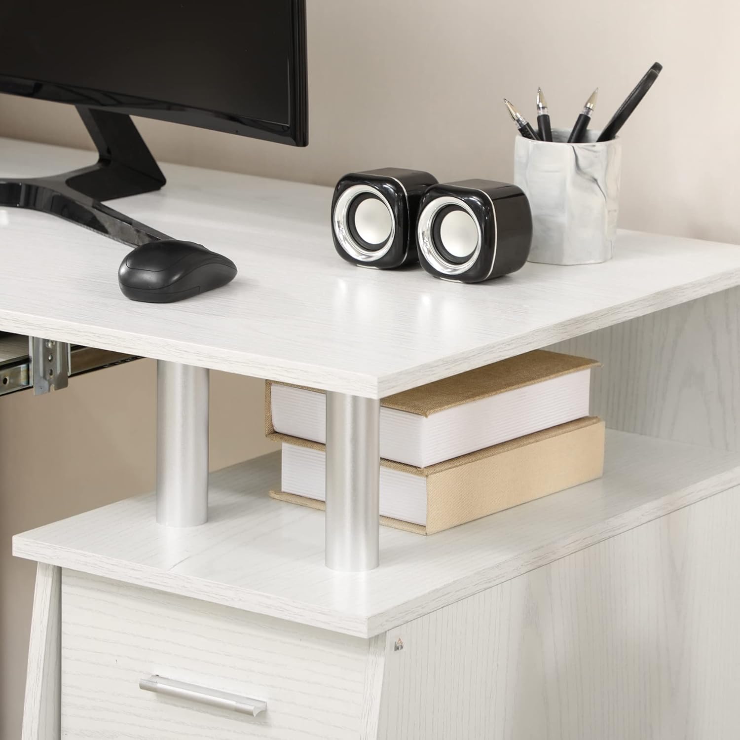 Open drawers of the HOMCOM Computer Desk showing internal storage space.