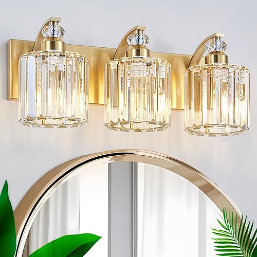 Lámpara de baño de latón cepillado de 3 luces, luces de tocador doradas, iluminación moderna de cristal para tocador de baño, aplique de pared con