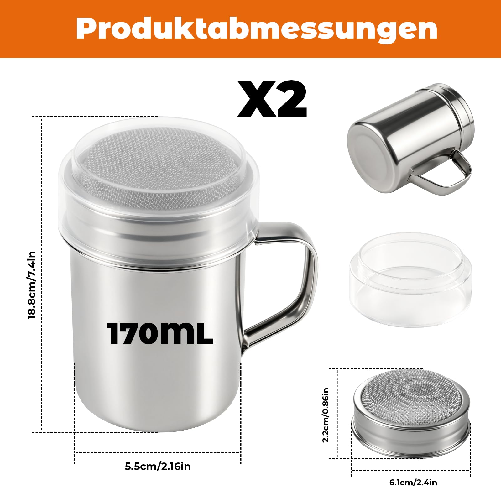 2 Stück Puderzuckerstreuer 304 Edelstahl, Mehlstreuer mit Griff & Deckel, Kakaostreuer für Cappuccino, Staubzuckerstreuer Zimtstreuer, Puderzuckermühle zum Drehen, Mehlsieb Puderzuckersieb Feinmaschig