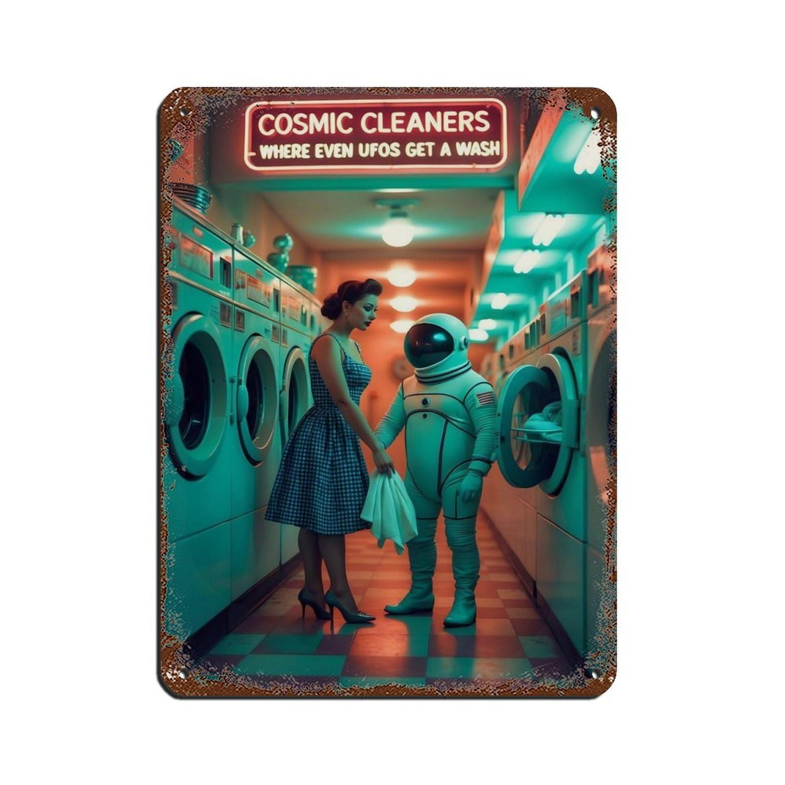 Retro Sci-Fi, Futuristic Laundromat Scene Tin Sign Vintage Metal Pub Club Cafe Bar Home Wall Art Decoration Poster Retro 12x16inch(30x40cm)