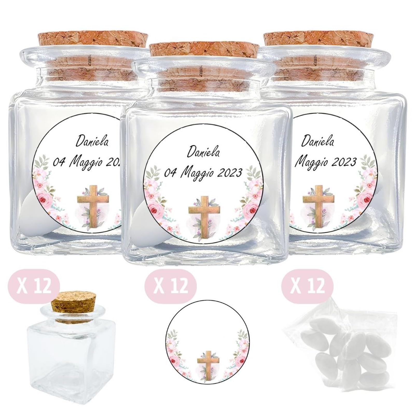 Doni Bomboniere Lot de 12 bonbonnières de communion pour fille, 4 x 4 x 4 cm, porte-dragées transparentes, bouchon liège, 12 pièces, autocollants, personnalisables, 12 pièces, sachets dragées, fête