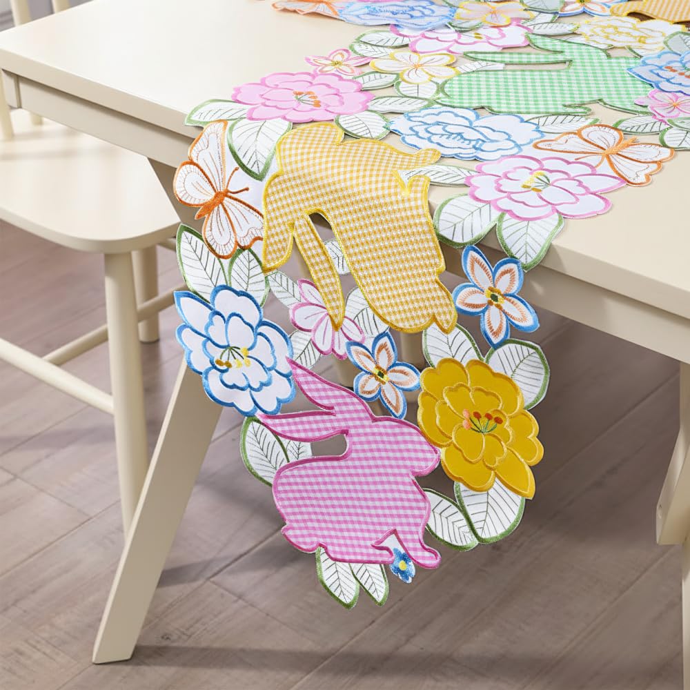 Mioyoow Colorful Rabbit 35X148cm Easter Table Runner, Embroidered Bunny Eggs Desk Runner Spring Dining Tablecloth For Kitchen Home Party Decor