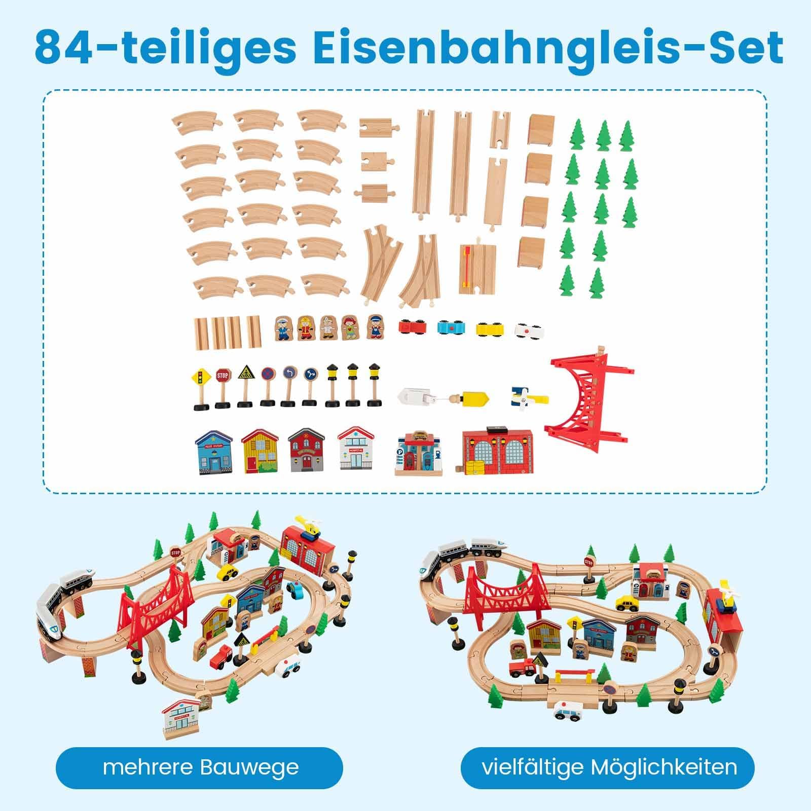 FANTASK Set di 80 ferroviari per bambini, tavolo da gioco in legno con tavolo reversibile e rimovibile, giocattolo per bambini dai 3 anni in su (80 pezzi)