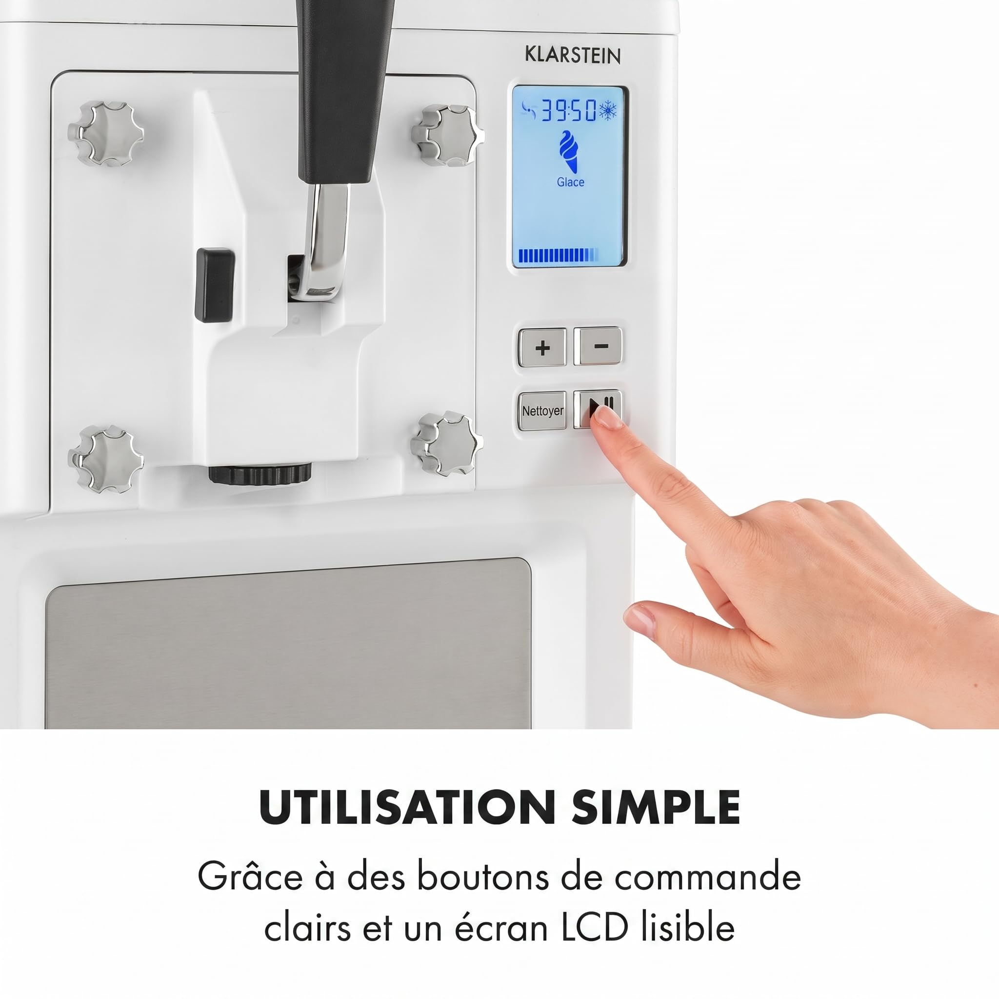 Klarstein Sweet Sundae Machine à glace italienne à compresseur – sans pré-refroidissement | Sorbetière 1,5 L, glace prête en 40 min, distributeur & nettoyage automatique, Inox, Blanc