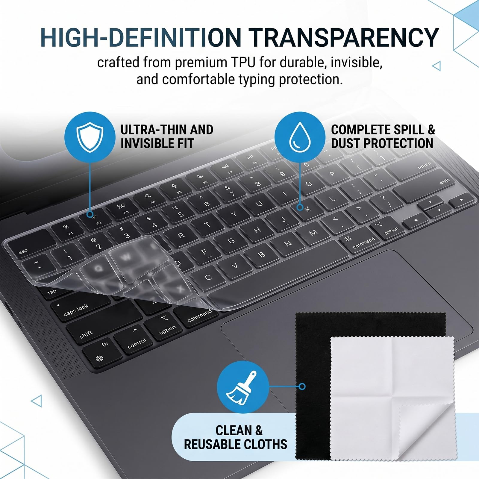 Protezione tastiera compatibile MacBook Air M5 13 pollici, MacBook Pro M5, MacBook Neo – Trasparente, include 2 panni