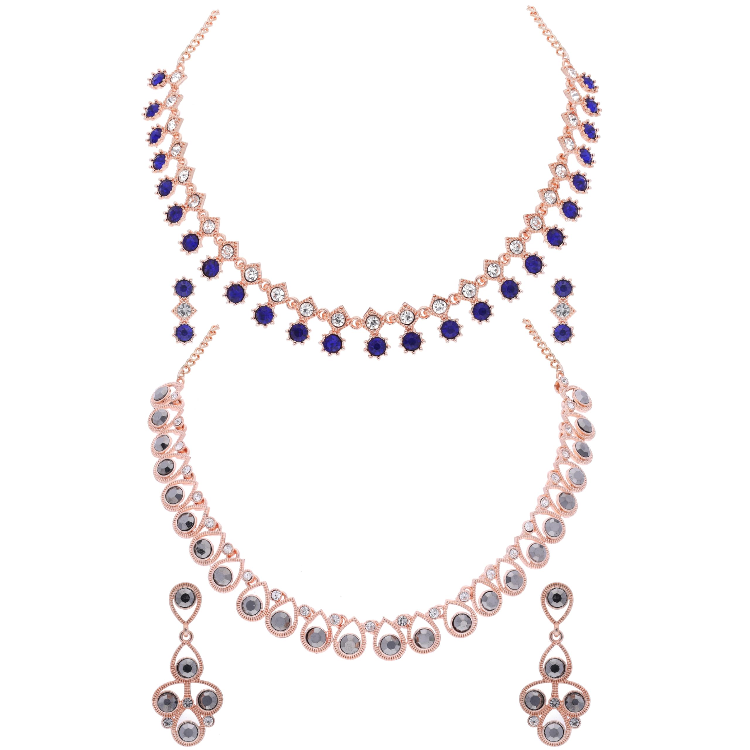 Brado Jewellery Pack of 2 Rosegold Polished AD Necklace with 1 pair of Earring Choker Jewelry set for Women and Girls (RG - Blue - RG - Grey) (B0CMLTJNC4) Amazon Price History, Amazon Price Tracker