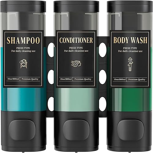 Luxspire Dispensador de champú y acondicionador, dispensador de jabón de ducha sin taladro, 3 cámaras con etiquetas impermeables, dispensador de