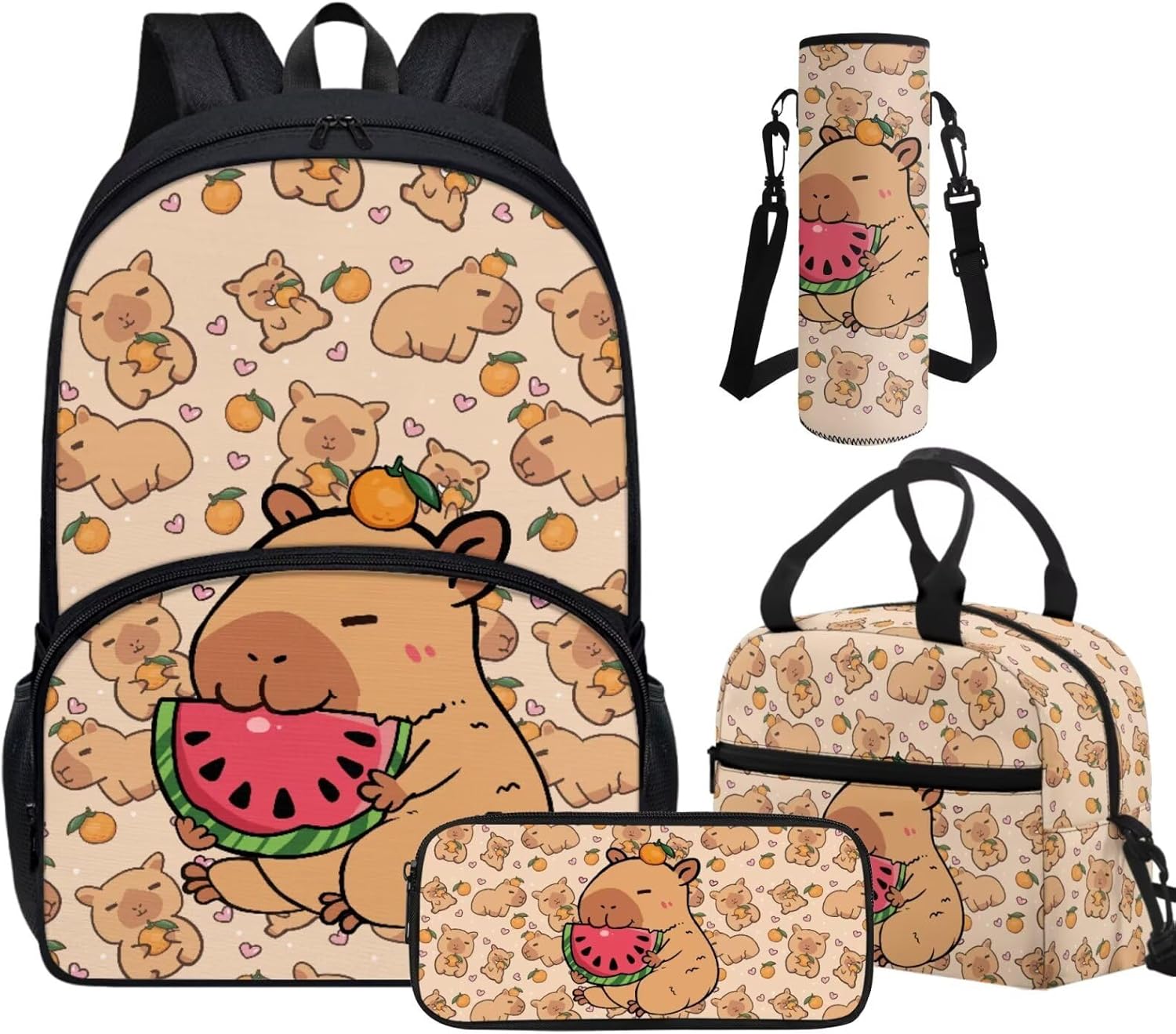 Tuoxiukan Capybara Backpack Pencil Case and Lunch Box Water Bottle Holder Girls 4 Piece Backpack Set for Elementary School Kids Bookbag Reusable Lunch Tote Bag Zip Pencil Case Children Back Pack
