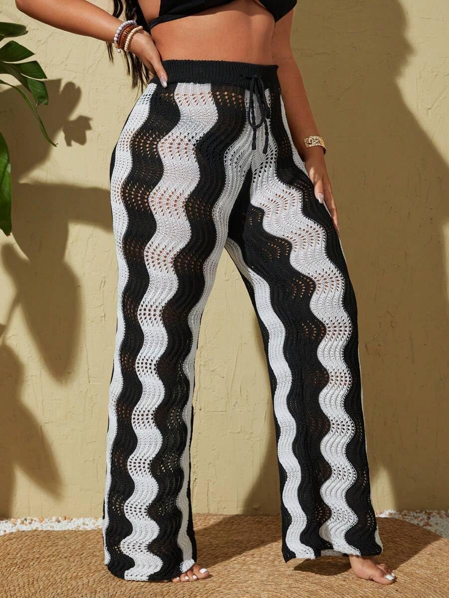 ZAFUL Women's Beach Cover Up Pants Hollow Out Plus Size Drawstring Elastic High Waist Swimsuit Cover Up Beach Long Pants - Image 5