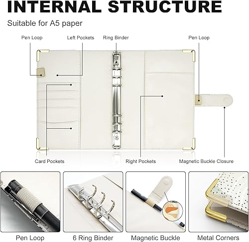 Miniatura 23 de Carpeta A5 recargable de piel sintética con 6 anillas, cubierta para cuaderno pequeño para papel de relleno A5, cubierta de planificador personal
