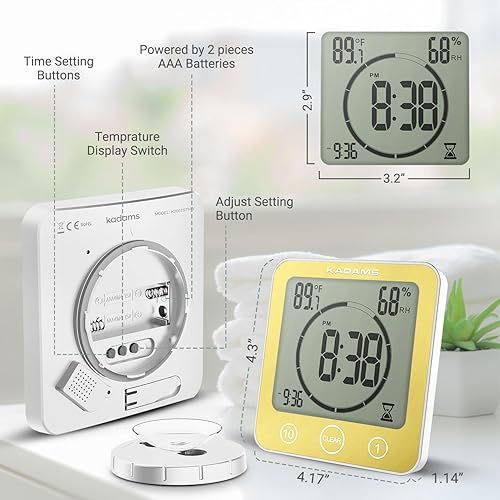 Miniatura 6 de KADAMS Reloj de pared digital para baño, ducha, cocina, temporizador con alarma, resistente al agua para rociar agua, temporizador de pantalla
