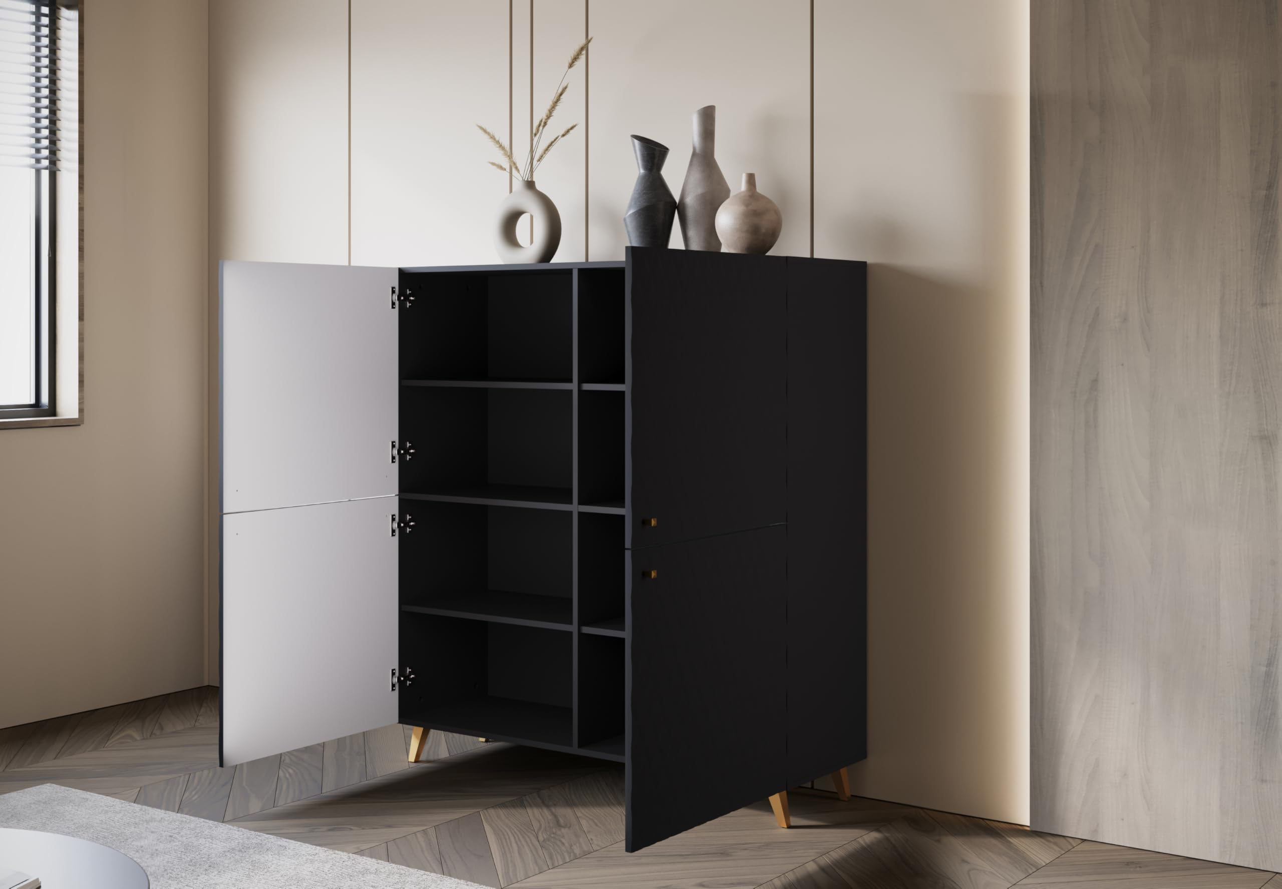 MINIO go for it – Meuble de Rangement 120 cm de Large, 4 Portes, modèle Loket sur Pied, Meuble de Salon/Sideboard – Noir Mat