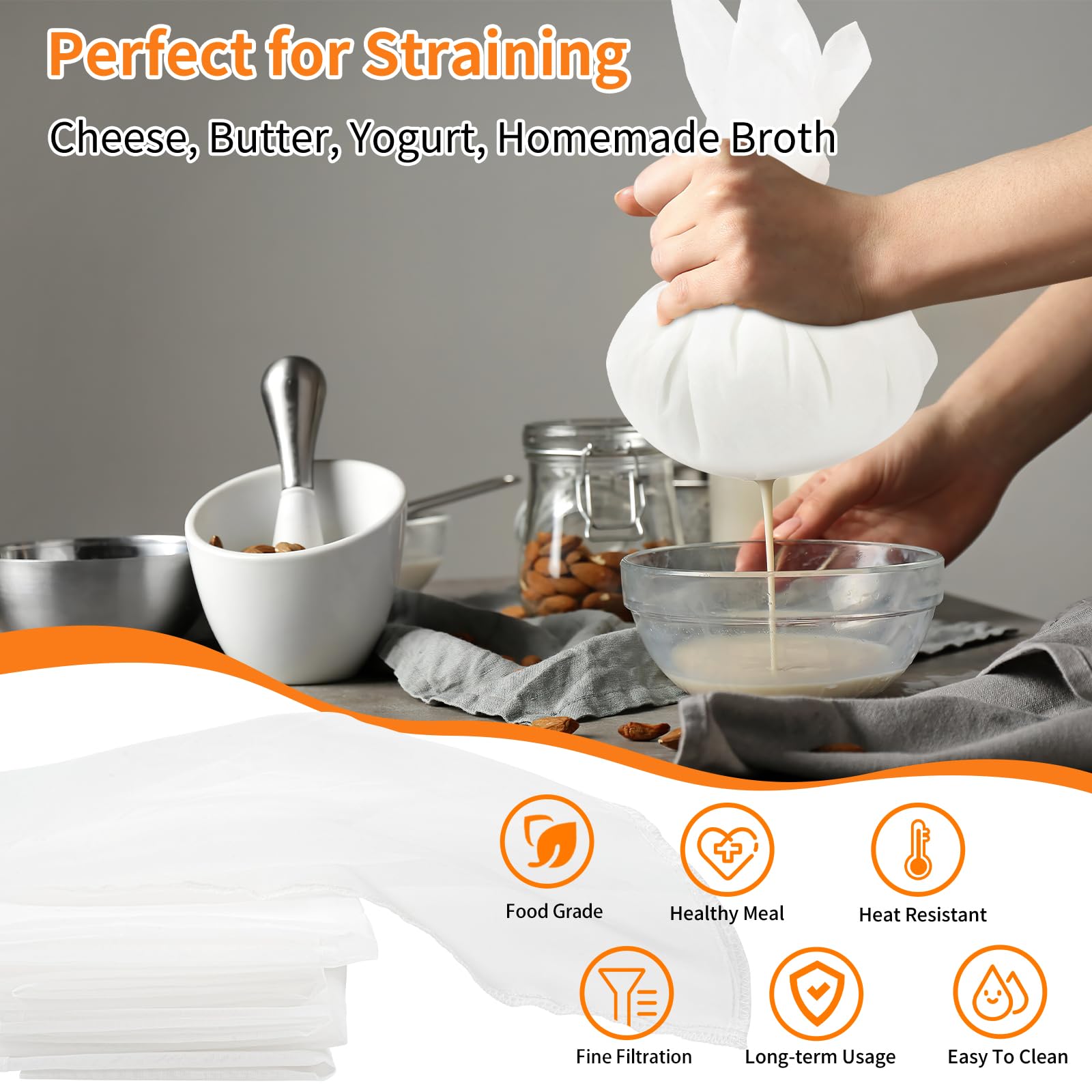 8 Étoffes Mousseline Coton 50x50cm - Tissu Filtre Réutilisable Pour Fromage, Jus, Lait Végétal - Lavable Cuisine DIY