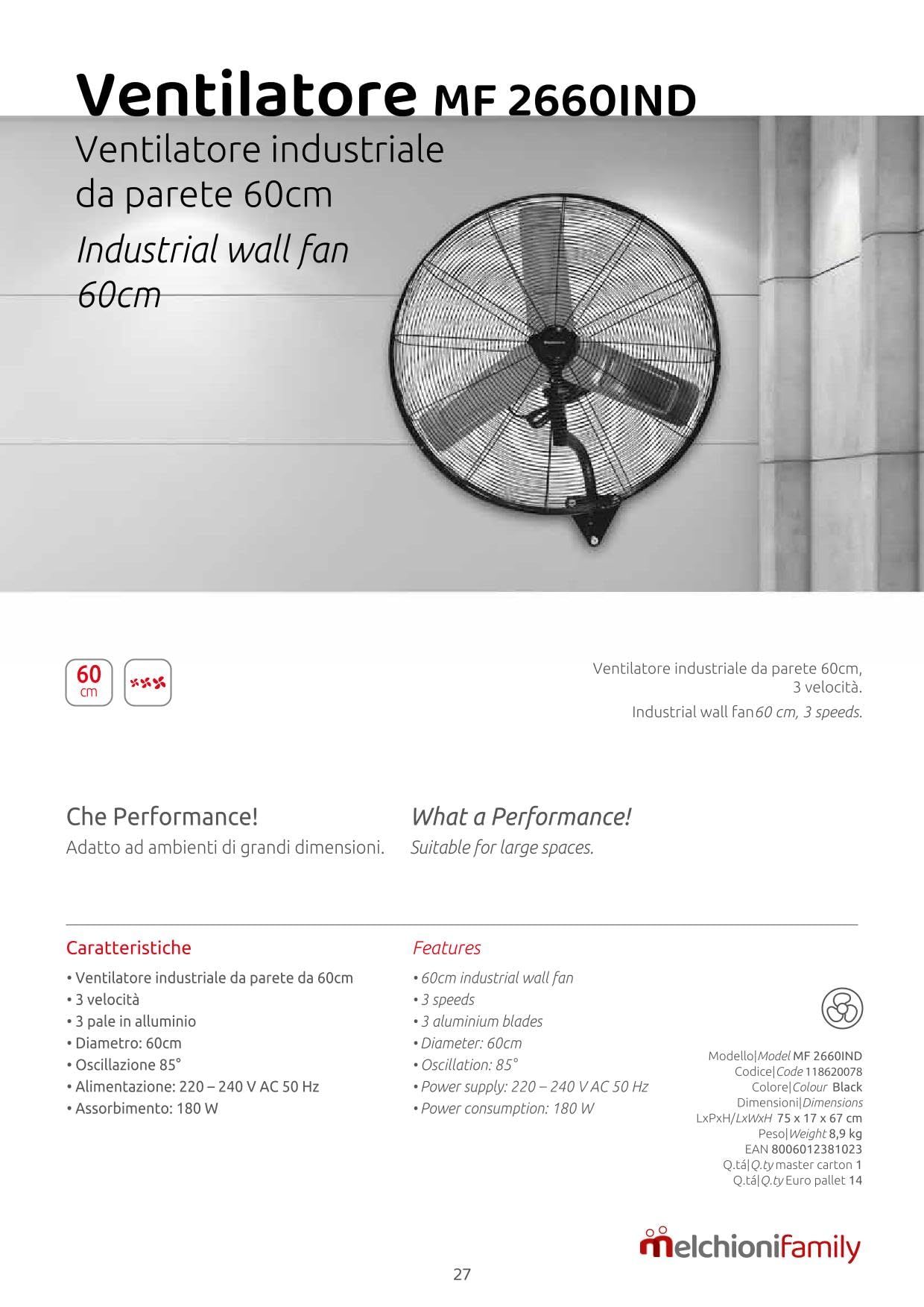 Generico Ventilatore Industriale da Parete MF 2660IND 60 cm 180W 3 Velocità Oscillante 85° Pale in Alluminio Ventilatore da Muro per Ambienti Grandi Nero